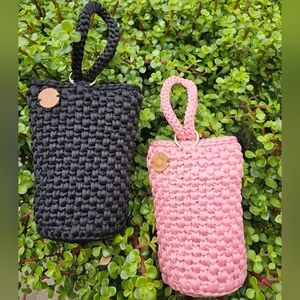 Black and Pink Woven Handbag Set